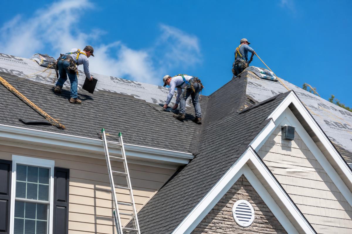 Professional roofing crew installing asphalt shingles on a residential roof